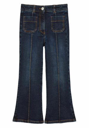 Donkerblauwe spijkerbroek met flared pijpen, contrasterende oranje stiksel, vier zakken en een knoopsluiting bij de taille.