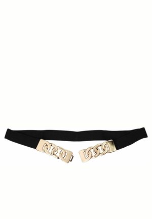Ceinture élastique noire avec boucle décorative en forme de chaîne dorée à l'avant, présentée sur fond blanc.