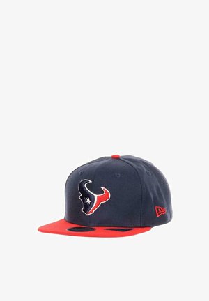 Black and red baseball cap with Houston Texans logo on front and New Era logo on side, flat red brim, and red button on top.