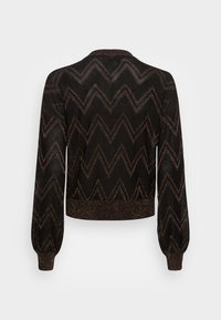 Maglione nero a collo alto con motivo a zigzag in filo metallico bronzo. Presenta maniche lunghe e orlo a costine. Tessuto a maglia testurizzato.