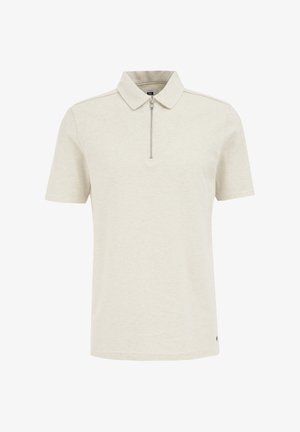 Rövidujjú póló világos bézs színben, cipzáros gallérral, struktúrált anyagból és finom logóval az alján.