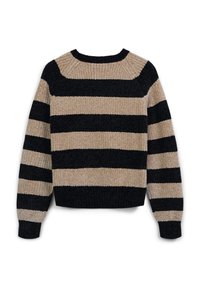 Maglione a maglia grossa con ampie righe orizzontali beige e nere, maniche lunghe, polsini a coste e scollo a giro.