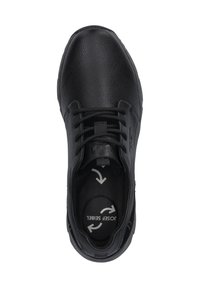 Schwarzer Lederschuh mit strukturiertem Finish, runder Spitze, Schnürdesign und einer schwarzen Innensohle mit Richtungspfeilen.