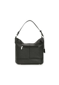 Borsa a tracolla in pelle nera con forma arrotondata, tasca frontale con zip e una tracolla corta e regolabile. Texture liscia e design minimalista.