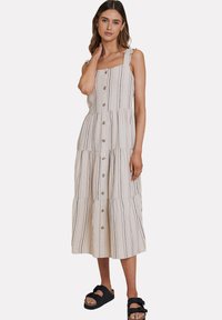 Abito midi a strati in tessuto leggero con righe verticali beige e blu navy, dotato di chiusura con bottoni e spalline arricciate. Sandali neri.