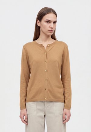 Un mannequin se tient devant un fond uni, vêtu d’un cardigan couleur camel boutonné sur le devant et d’un pantalon beige clair.