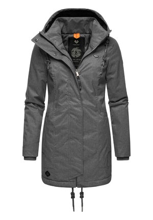 Gray insulated coat with a high collar, adjustable hood, zippered front, side pockets, and drawstrings at the hem and sleeves.