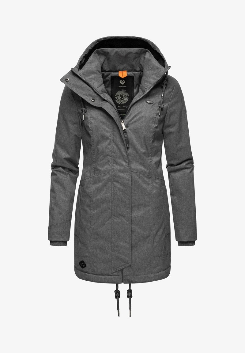 Szürke szigetelt kabát magas gallérral, állítható kapucnival, cipzáras előlappal, oldalsó zsebekkel és zsinórokkal az alsó részen és az ujjaknál.