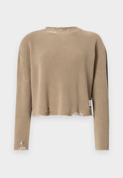 Beige cropped sweater with ribbed texture, long sleeves, and frayed hems. Features small cutouts on sleeves and a round neckline.