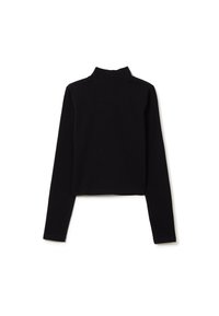Schwarzes langärmliges Rollkragenshirt aus weichem Stoff mit einem cropped Design und hohem Kragen. Glatte Textur, keine Muster oder Akzente.