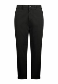 Black cotton trousers with a flat front, button closure, and rolled cuffs. Smooth texture and classic straight-leg design.