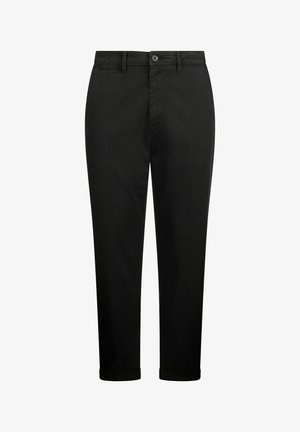 Crne pamučne hlače ravnog kroja, s prednjim zatvaranjem na gumb i uvijenim rubovima. Glatka tekstura i klasični kroj s ravnim nogavicama.