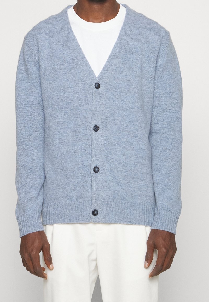 Homme portant un cardigan bleu clair boutonné par-dessus une chemise blanche avec un pantalon blanc sur un fond uni.
