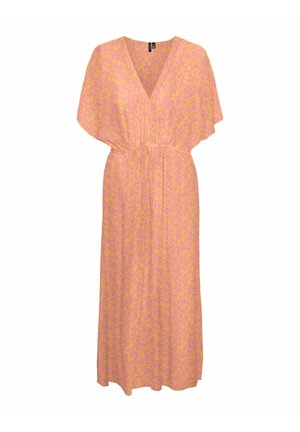 Vestido largo rosa con escote en V, mangas cortas y un patrón floral en rosa más claro. Presenta una cintura con lazo para un ajuste ajustable. Textura suave.