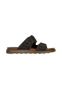 Sandalias deslizantes de color marrón oscuro con dos hebillas ajustables, plantilla acolchada y suela de goma texturizada que presenta un patrón de olas.