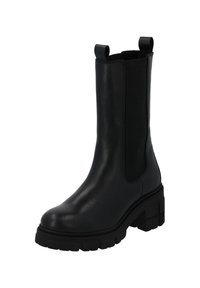 Black leather ankle boot with elastic side panels, square toe, and chunky rubber sole. Features pull tabs for easy wear.