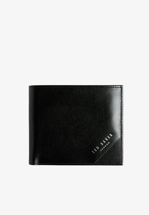 Zwarte Ted Baker leren portemonnee met gestikte randen en een gestructureerde hoek, logo diagonaal geperst in zilveren letters.