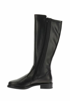 Botte haute en cuir noir avec fermeture éclair latérale, talon bas et bout arrondi, montrée de côté sur fond blanc.