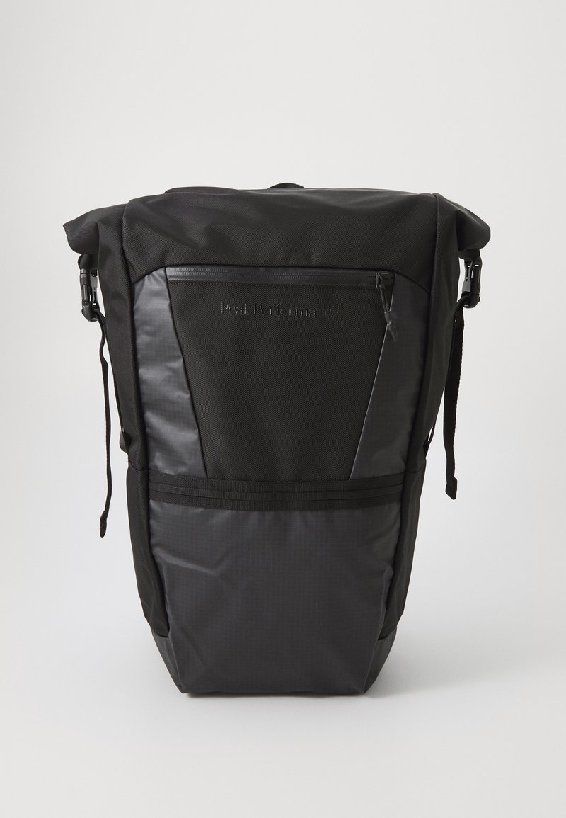 Black backpack with a roll-top design, featuring a textured surface, zippered front pocket, and adjustable straps. Durable material.