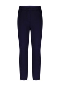 Navy blauwe leggings van rekbaar materiaal. Heeft een aansluitende pasvorm met een elastische tailleband en twee voorzakken.