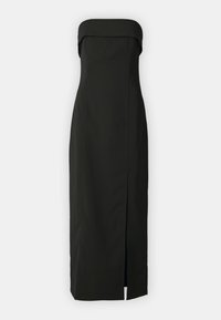 Melnās strapless maxi kleitas ar pieguļošu dizainu un taisnu dekoltē, ar priekšējo šķiršanos un gludu tekstūru. Izgatavota no viegla materiāla.