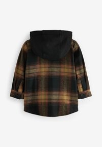 Ruuduline jakk musta kapuutsi ja toonidega pruun, oranž ja must. Kangas näeb välja pehme, tekstureeritud disainiga. Klõpsud varrukatel.