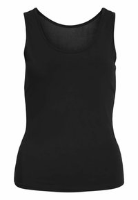 Sort ærmeløs tanktop lavet af glat stof, med rund halsudskæring og en tætsiddende pasform, uden dekorationer eller mønstre.