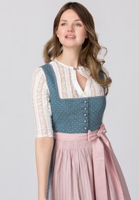 Dirndl dress featuring a teal bodice with floral patterns, silver buttons, and a pink waistband. The skirt is pleated, made of a lightweight fabric.