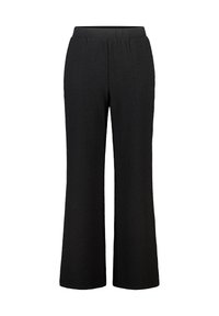 Zwarte, wijde broekspijpen gemaakt van gestructureerde stof met een elastische tailleband voor comfort. Gladde, ongefrankeerde ontwerp met een casual pasvorm.