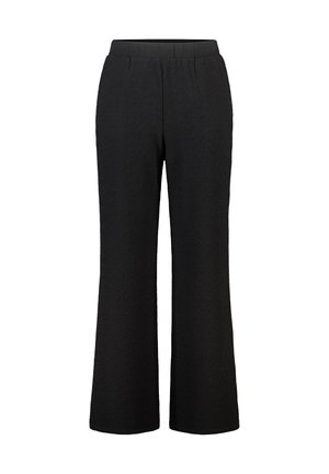 Zwarte, wijde broekspijpen gemaakt van gestructureerde stof met een elastische tailleband voor comfort. Gladde, ongefrankeerde ontwerp met een casual pasvorm.