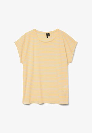 Geel-wit gestreept T-shirt met korte mouwen en een ronde hals, platliggend weergegeven op een witte achtergrond.