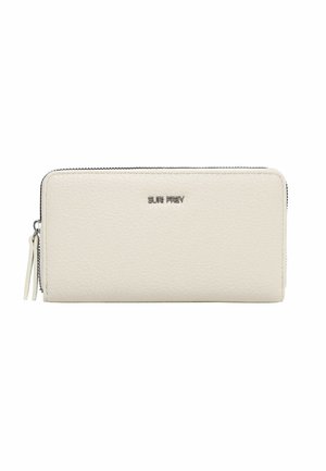 Cremefarvet læderpung med tekstur, lynlås og metal-brandlogoet "SURI FREY" centreret på forsiden.