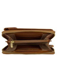 Brązowy skórzany portfel z złotym zamkiem, wieloma miejscami na karty i podszewką w paski. Posiada komandę zamykaną na zamek do monet.
