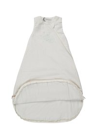 Baumwoll-Schlafsack in Creme mit einem seitlichen Reißverschluss und besticktem Fuchsdesign. Abgerundete Form mit glatter Textur, ideal für Komfort und Wärme.
