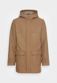 Bruin wollen jas met capuchon, twee voorkruppen, een ritssluiting en knoopmanchetten. Heeft een gestructureerde stof en een eenvoudig ontwerp.