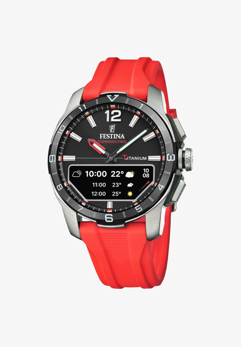 Reloj inteligente de titanio con esfera negra, acentos en plata y rojo, y correa de silicona roja. Muestra la hora e información del clima.