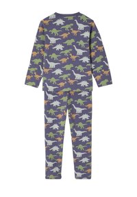 Langärmelige Pyjamas in Lila mit einem Dinosaurier-Muster, das grüne, graue und orange Silhouetten zeigt. Entworfen für einen bequemen Sitz.