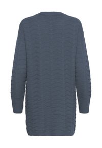 Pull en maille bleu à manches longues avec un motif de vagues texturé, des poignets côtelés et un col rond, vu de l'arrière.