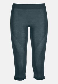 Dark gray capri leggings made from a stretchy material, featuring ribbed panels on the sides and a wide, elastic waistband.