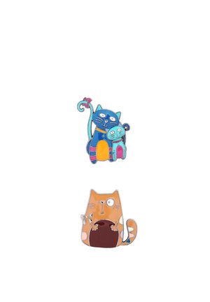 Colorful cat-themed enamel pins; top features blue and teal cats, bottom has an orange cat with a brown belly. Silver accents outline designs.