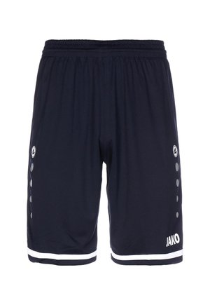 Marineblaue Sportshorts mit elastischem Bund, weißer Paspelierung an den Säumen, runden Logos an den Seiten und "JAKO"-Logo am linken Bein.