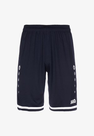Pantaloncini sportivi blu navy con vita elasticizzata, rifiniture bianche sull'orlo, loghi circolari sui lati e marchio "JAKO" sulla gamba sinistra.