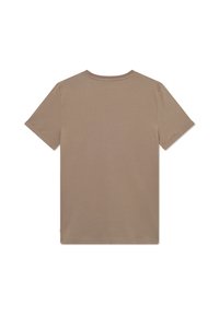 T-shirt marron à manches courtes en coton doux, avec un col rond et un dos propre et lisse sans logos ni motifs visibles.