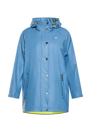 Sininen vedenpitävä sadetakki, jossa on huppu, napit, kaksi sivutaskua ja kirkas keltainen vuori. Rinnassa on pieni sateenvarjo-logo.