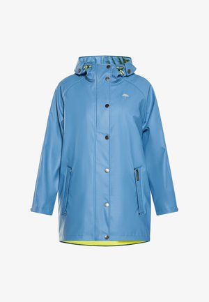 Sininen vedenpitävä sadetakki, jossa on huppu, napit, kaksi sivutaskua ja kirkas keltainen vuori. Rinnassa on pieni sateenvarjo-logo.