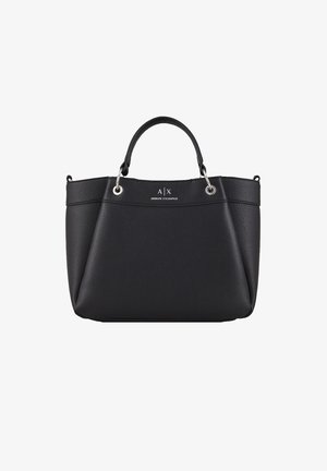 Borsa a tracolla nera con texture, dotata di manici doppi, hardware argentato e logo impresso. Presenta una forma strutturata e un'ampia apertura.