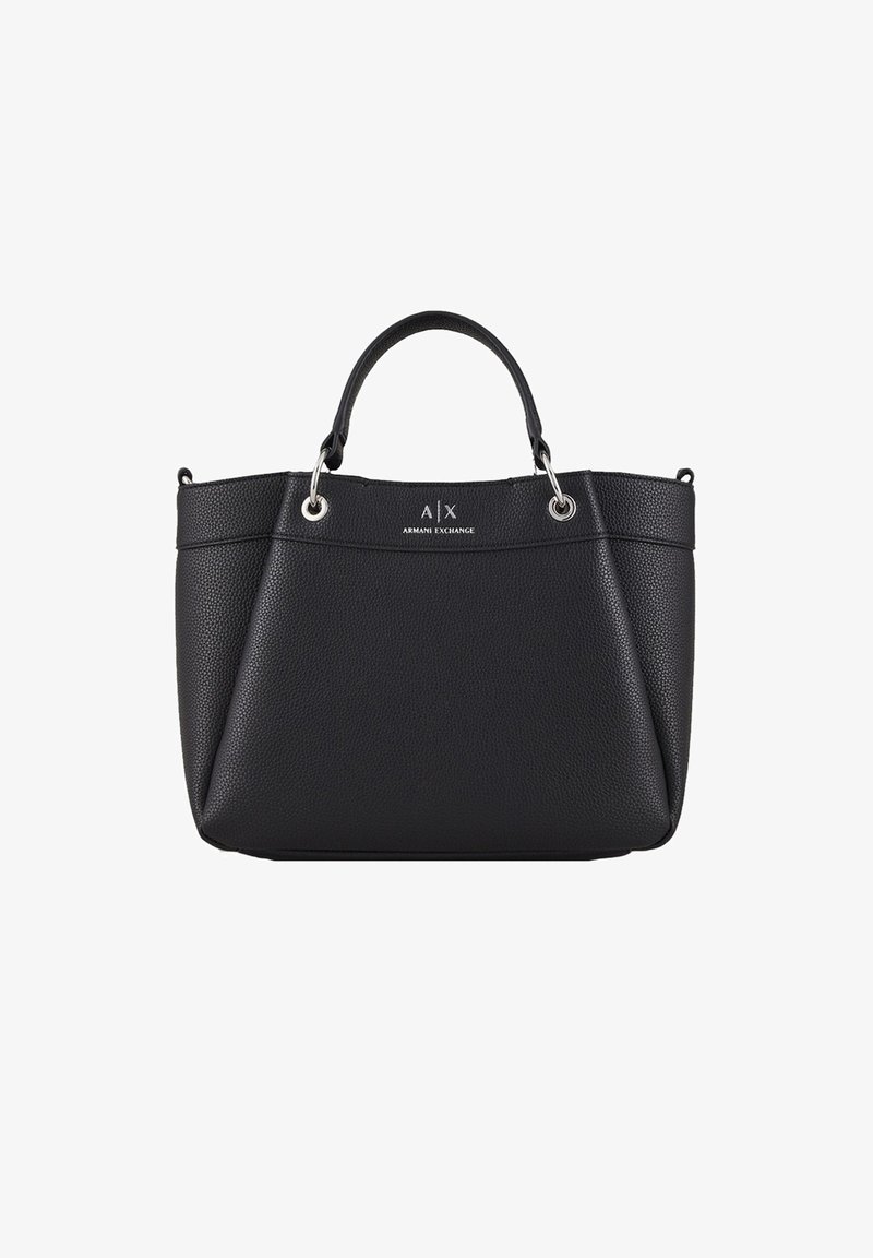 Borsa a tracolla nera con texture, dotata di manici doppi, hardware argentato e logo impresso. Presenta una forma strutturata e un'ampia apertura.