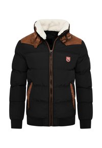 Schwarze Steppjacke mit braunen Lederakzenten auf den Schultern, gerippten Bündchen und Saum, Reißverschluss und Kunstpelzkragen. Logo-Patch auf der Brust.