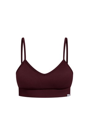 Bordeaux ribbet bralette med justerbare tynde stropper, v-hals design og en blød elastisk bånd i bunden.