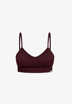 Bralette a coste color marsala con spalline sottili regolabili, design a scollo a V e un morbido elastico sul fondo.
